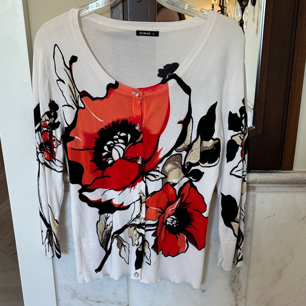 Roman Women's Floral Button Down Shirt - Red, Black, and White